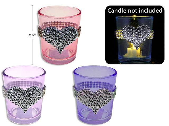 Carton of 24 Valentines Tinted Glass Candle Holder With Jeweled Heart Band