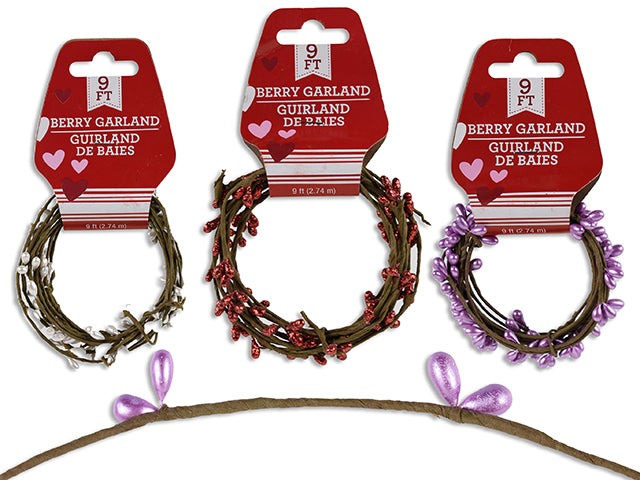 Carton of 24 9Ft (2.74M) Pearlized Berries Garland. 3 Asst.Colours. Wrap Header.