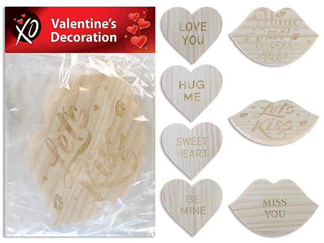 Carton of 24 5In V'Tine Engraved Die-Cut Lips /Heart Wooden Decoration. 8 Asst.Styles. Pbh.