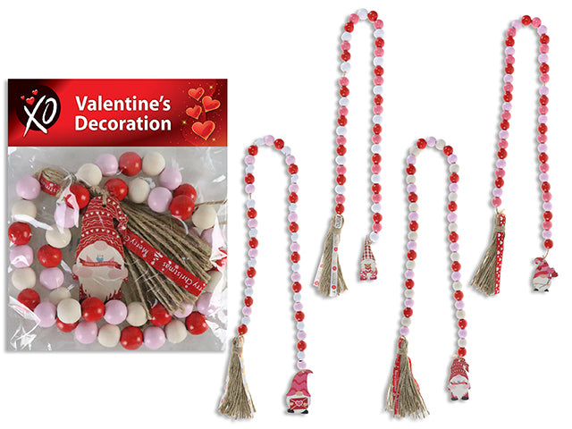 Carton of 24 29.5In V'Tine Wooden Beads Decor W/Die-Cut Gnome &Jute Tassel. 15Mm Beads. 4 Asst.Styles. H/C.