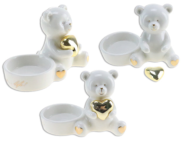 Carton of 6 4In V'Tine Ceramic White Bear W/Gold Accent T-Light Candle Holder.