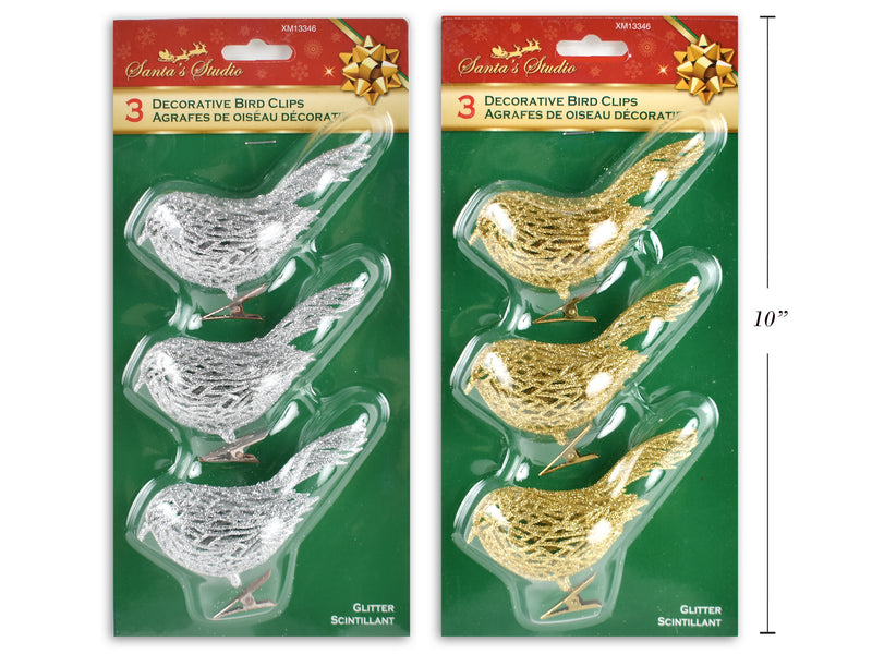 Carton of 24 Christmas Glitter Birds Clip Decoration 3 Pack