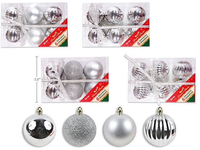 Carton of 12 Christmas Ornament Assortment Silver 6 Pack