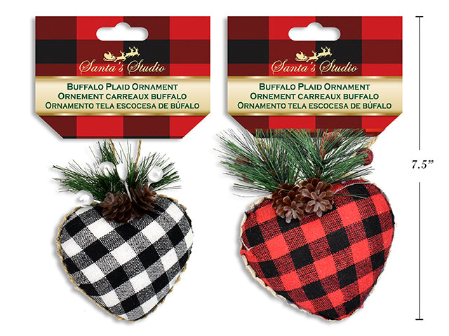 Carton of 12 Christmas Buffalo Plaid Heart Ornament