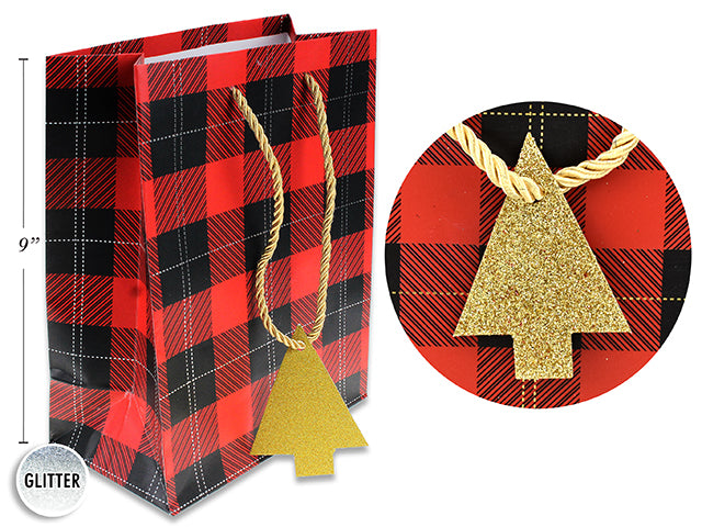 Carton of 12 Christmas Buffalo Plaid Gold Foil Gift Bag Medium