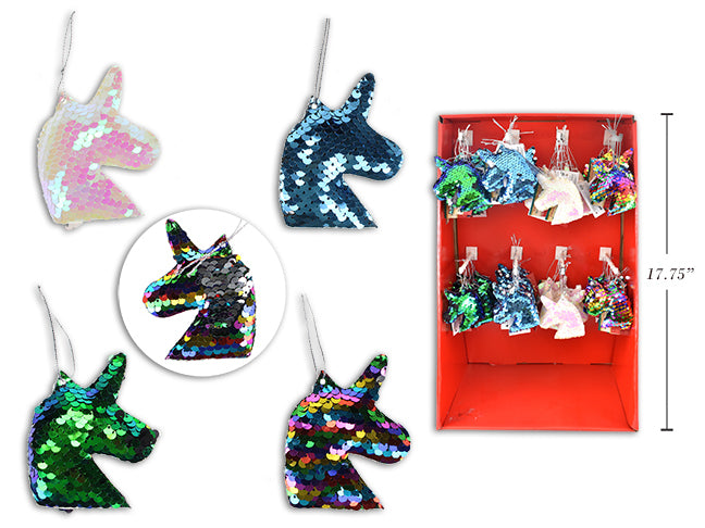 Carton of 72 Christmas Color Changing Sequin Flip Unicorn Ornament