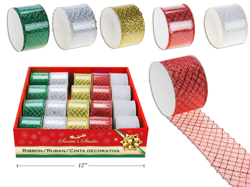 Carton of 20 Christmas Iridescent Stretchable Deco Mesh Ribbon Roll