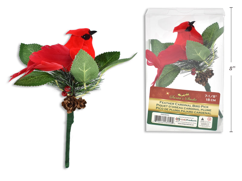 Carton of 24 Christmas Feather Cardinal Bird Pick With Pine And Holly Berries