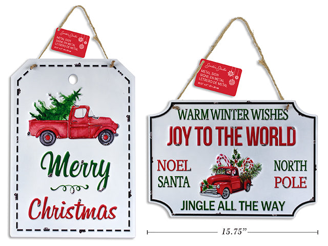 Carton of 12 Christmas Embossed Metal Old Fashion Signs Christmas Truck