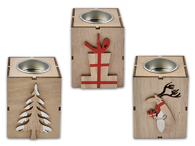 Carton of 24 3.5In X 2.75In Xmas Mdf Rectangular Candle Holder W/Die-Cut Tip-On. 3 Asst.