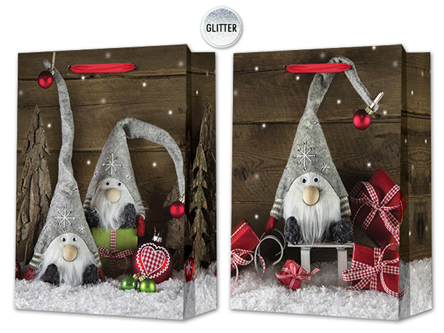 Carton of 24 Christmas Matte Photographic Gnome Medium Gift Bag With Glitter