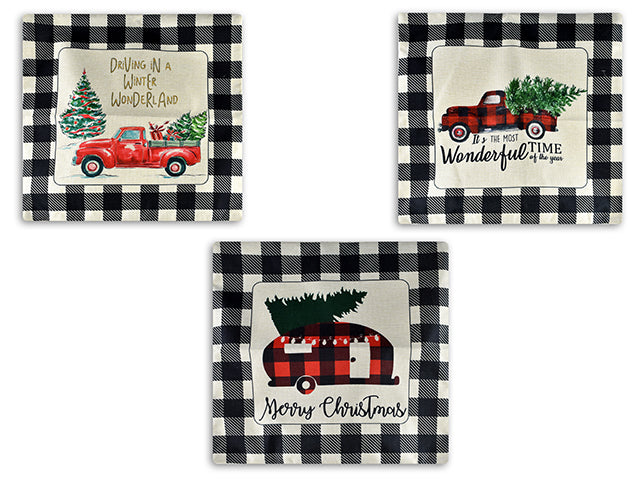 Carton of 12 Christmas Truck Printed Buffalo Plaid Jute Cushion Cover