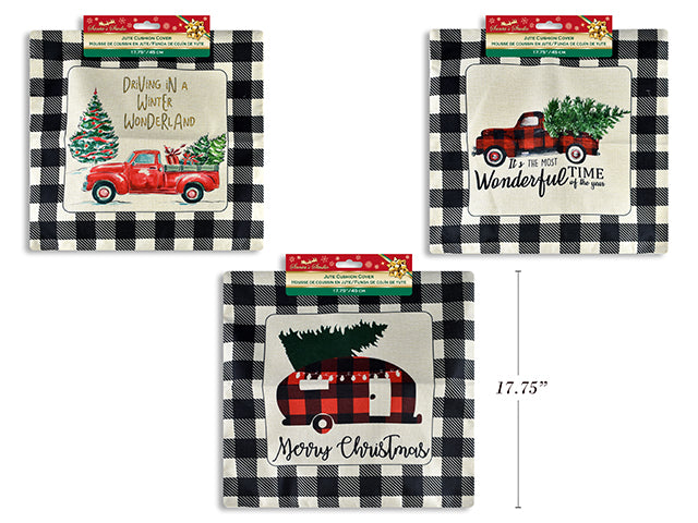 Carton of 12 Christmas Truck Printed Buffalo Plaid Jute Cushion Cover