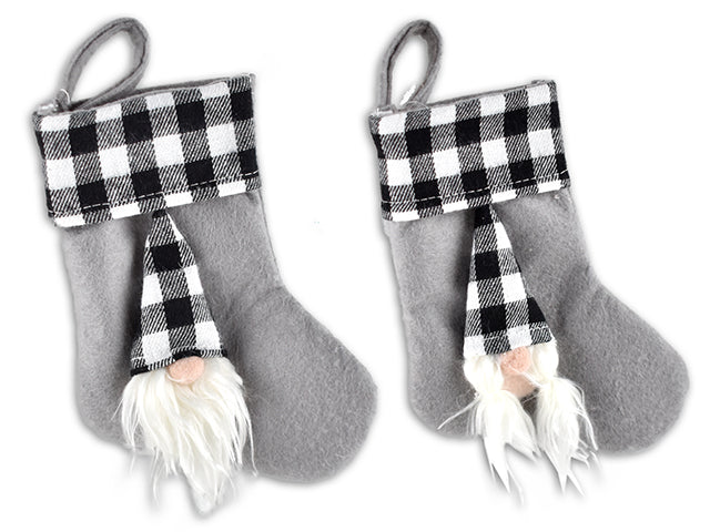 Carton of 12 White And Black Buffalo Plaid Plush Gnome Stocking