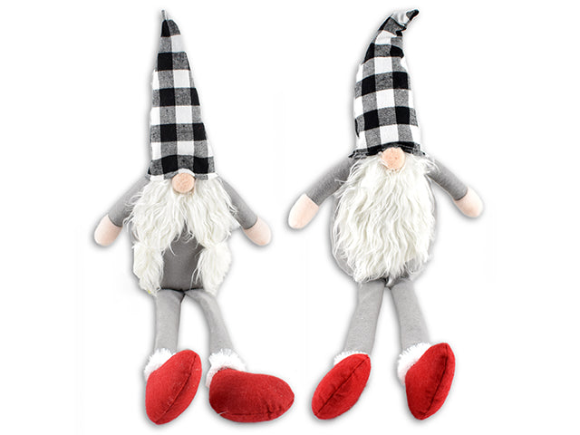 Carton of 4 White And Black Buffalo Plaid Long Legged Plush Sitting Gnome