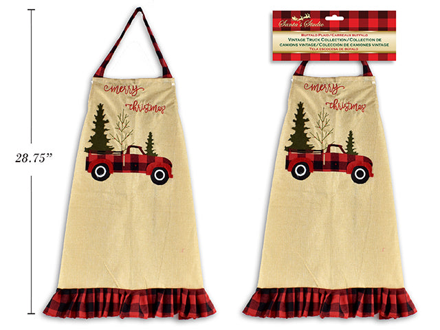 Carton of 12 Christmas Jute Adult Apron With Buffalo Plaid Vintage Truck And Border