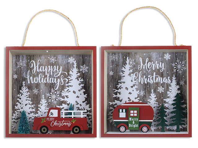 Carton of 12 Christmas Truck Scene Square Hanging Plaque With A Jute Hanger