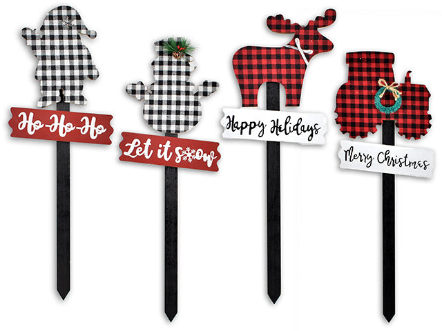 Carton of 12 Buffalo Plaid Die Cut Christmas Character Outdoor Stake