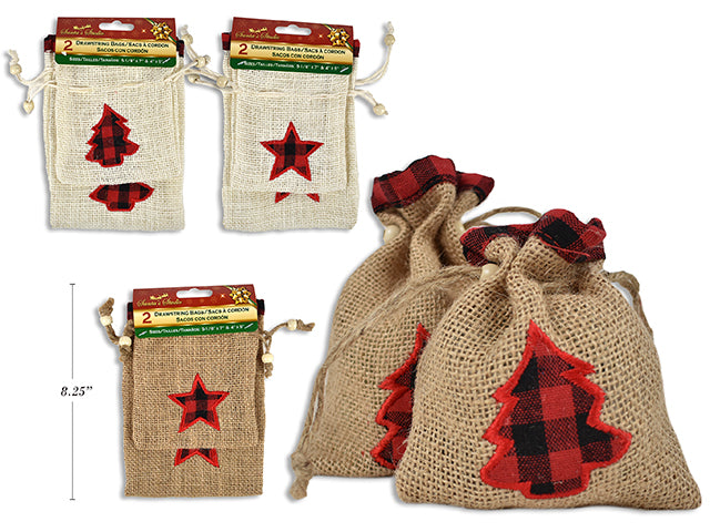 Carton of 10 Christmas Burlap Drawstring Bag With Die Cut Applique