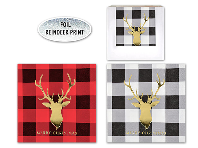 Carton of 36 Christmas Buffalo Plaid Foil Reindeer Print Cocktail Napkin