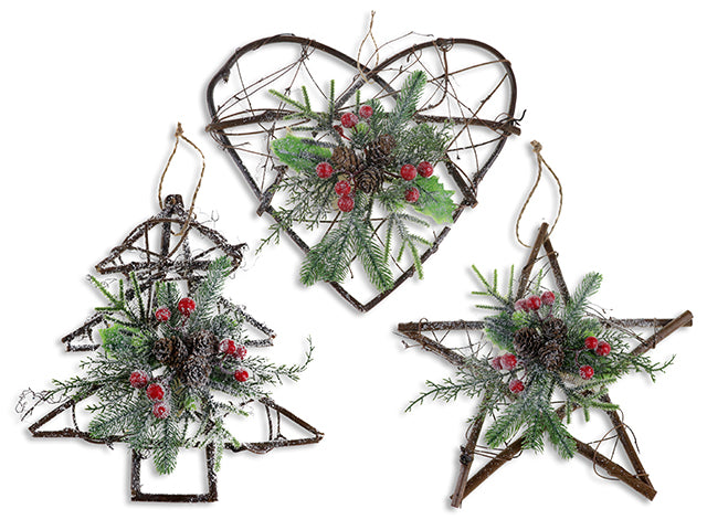 Carton of 12 Christmas Snow Dusted Rattan Hanging Decoration Large