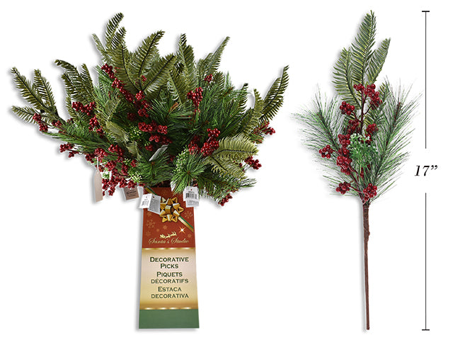 Carton of 24 Christmas Pine Needle With Holly Berries Picks