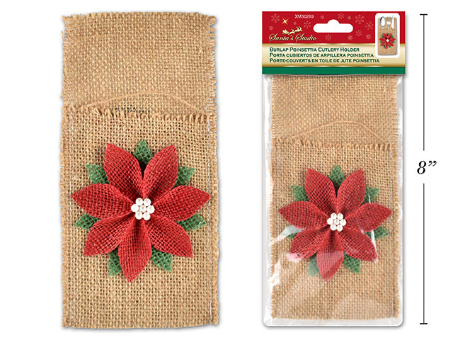 Carton of 12 Christmas Burlap Poinsettia Cutlery Holder