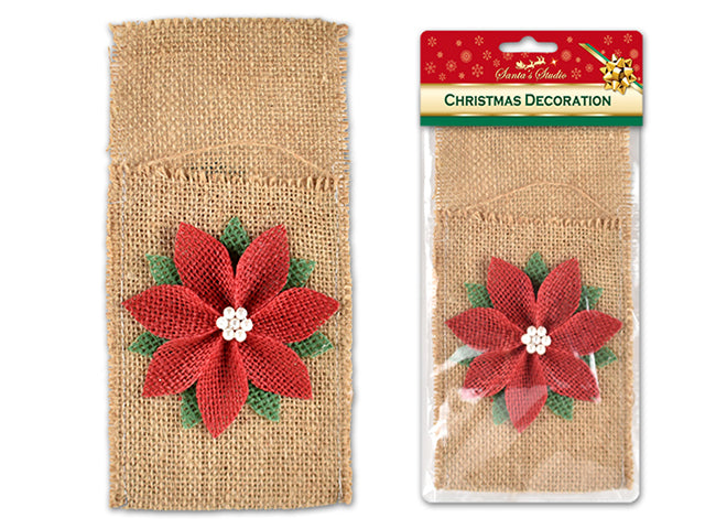 Carton of 12 Christmas Burlap Poinsettia Cutlery Holder