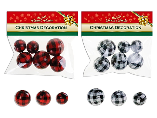 Carton of 24 Christmas Full Buffalo Plaid Print Wooden Beads