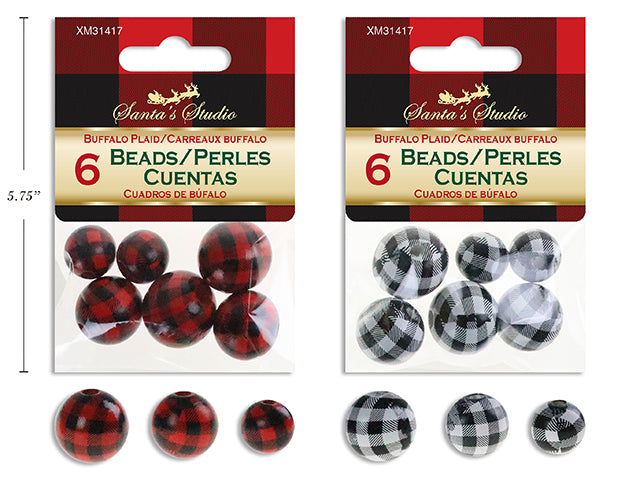 Carton of 24 Christmas Full Buffalo Plaid Print Wooden Beads