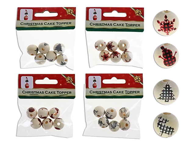 Carton of 24 Christmas Natural Wooden Beads With Buffalo Plaid Print