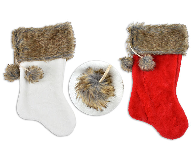 Carton of 12 Christmas Deluxe Plush Stocking With Fold Over Cuff And Pom Poms