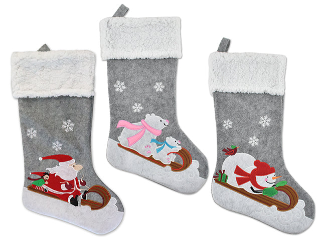 Carton of 12 Christmas Embroidered Sleigh Felt Stocking With Fleece Fold Over Cuff