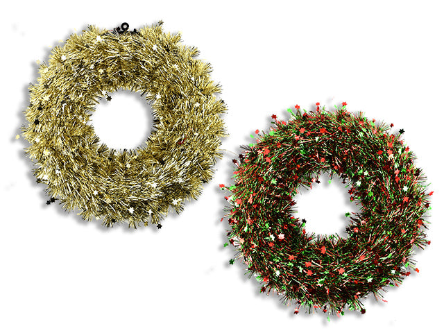 Carton of 24 15In(D) Xmas Ornament Ball Tinsel Wreath. 4 Asst.:Red+Green / Red+Gold / Gold / Red. Cht.