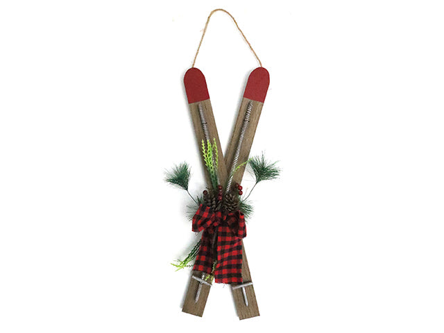 Carton of 12 Christmas Skis Hanging Wall Decor With Pine Cones And Buffalo Plaid Bow