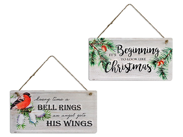 Carton of 12 11.75In X 5-7/8In Xmas Embossed Metal Old Fashion Signs - Pine / Bird. 2 Asst.Styles. Cht.