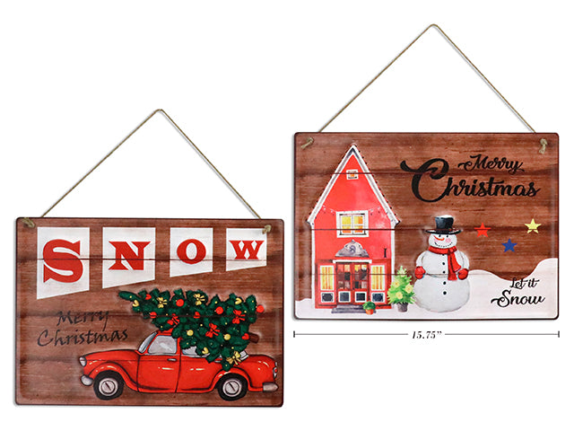 Carton of 12 15.75In X 11In Xmas Embossed Metal Old Fashion Signs - Wooden. 2 Asst.Styles. Cht.