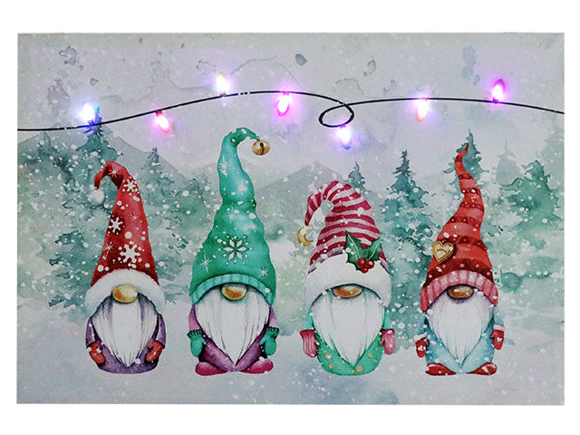 Carton of 12 Christmas Led Gnome Canvas Painting With Flickering Color Changing Lights