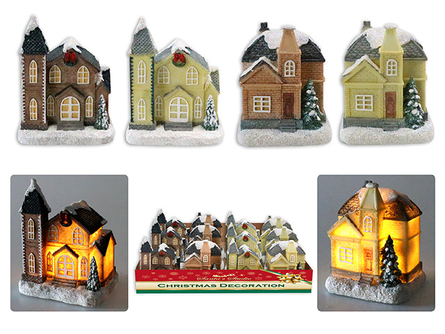 Carton of 12 Christmas Battery Operated Led Polyresin Snow Dusted House Decoration