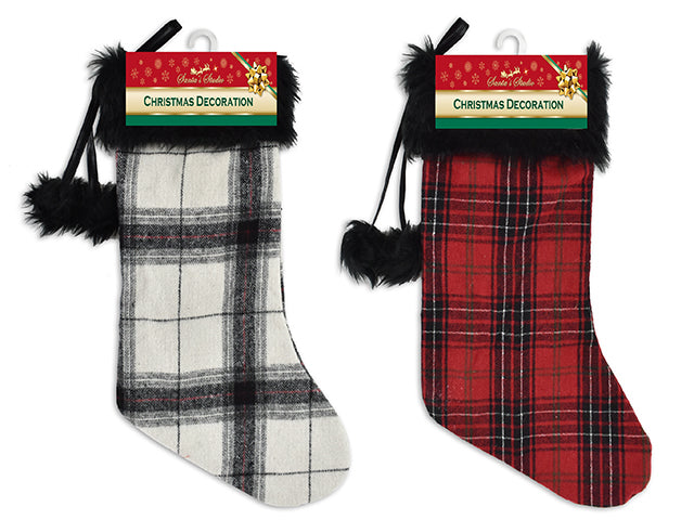 Carton of 12 Christmas Farmhouse Plaid Stocking With Fur Fold Over Cuff And Pom Poms