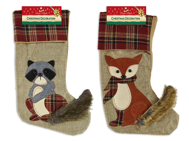 Carton of 12 Christmas Canvas 3D Felt Racoon Or Fox Stocking With Fur Tail And Plaid Fold Over Cuff