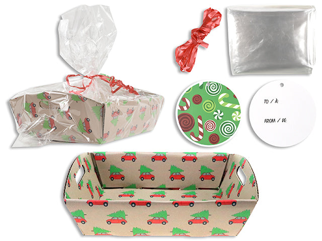 Carton of 12 10.5In Xmas Truck Paper Gift Tray Kit. Incl: Cello Bag / Ribbon Tie / Gift Tag.