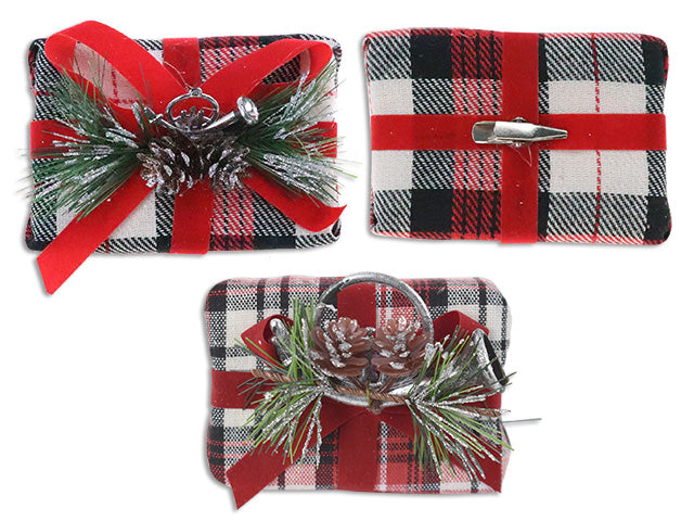 Carton of 24 Christmas Farmhouse Plaid Present Clip Ornament