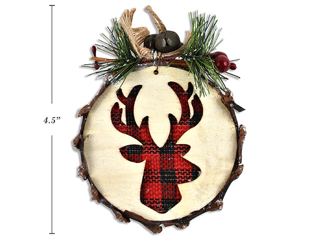 Carton of 24 4.5In(H) Wooden Farmhouse Plaid 2Layered Reindeer Ornament W/Pines And 3 Bells & Canvas Bow. H/C.