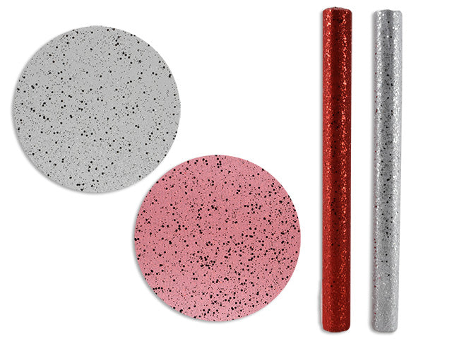 Carton of 24 7.5Ft X 19In Xmas Glitter Confetti Decor Fabric. 2 Cols: Red / Silver. Colour Insert.