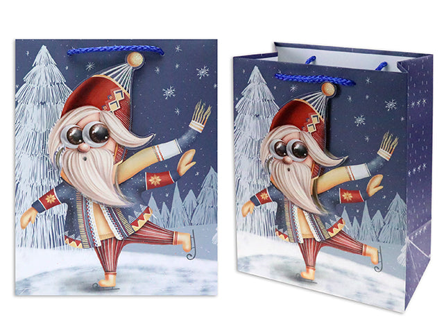 Carton of 24 Christmas Matte Skating Gnome Medium Gift Bag With Glitter