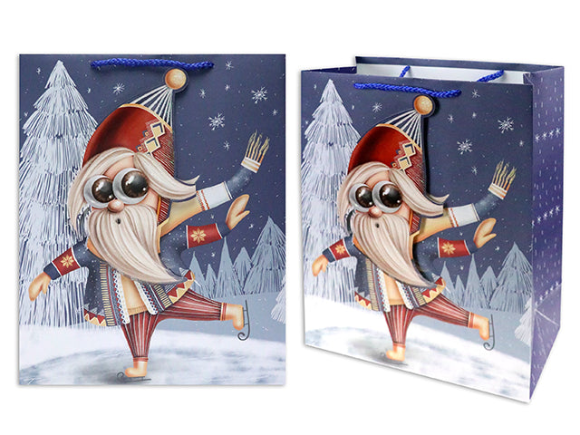 Carton of 12 Christmas Matte Skating Gnome Large Gift Bag With Glitter