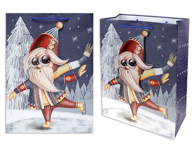 Carton of 24 Christmas Matte Skating Gnome Jumbo Gift Bag With Glitter