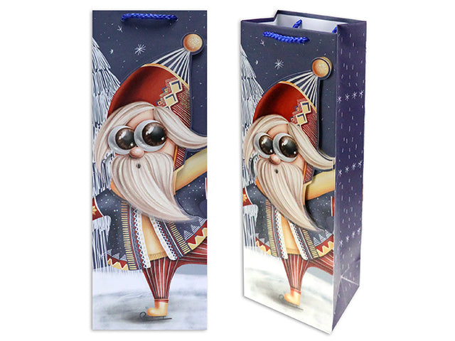 Carton of 24 Christmas Matte Skating Gnome Bottle Gift Bag With Glitter