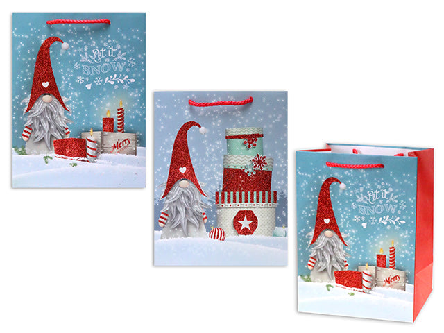 Carton of 24 Christmas Matte Snowy Gnome Medium Gift Bag With Glitter